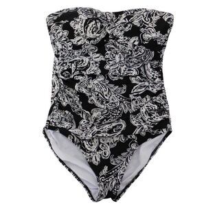 Lauren Ralph Lauren One Piece Swimsuit Black floral Strapless Built in Bra Sz 6